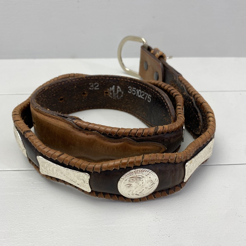 M&F Western Products Brown Leather Concho Belt Unisex 32 Silver Filigree Accents